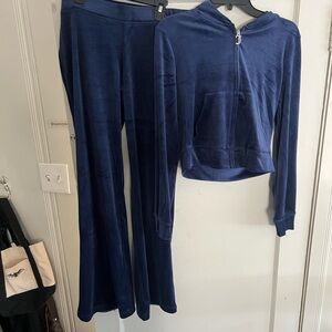 Juicy Couture Navy Velour Zip Hoodie & Flared Pants Set